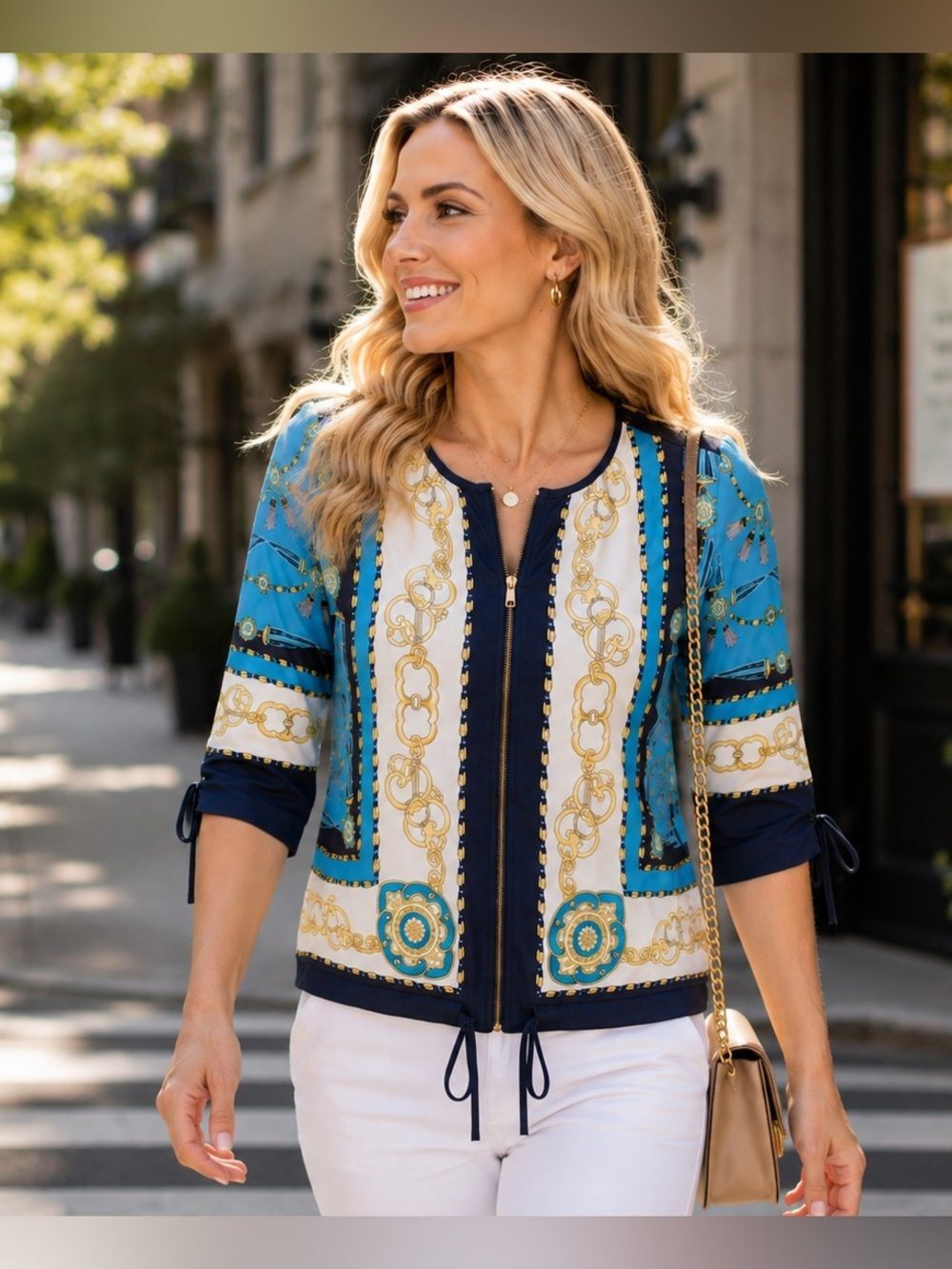 Cache Blue, White and Gold Chain-Print Zip Front Blouse